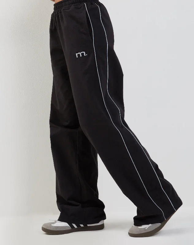 Chic Trend Collection Benton Wide Leg Jogger in Black with Dark Grey Piping and 'M' Embroidery