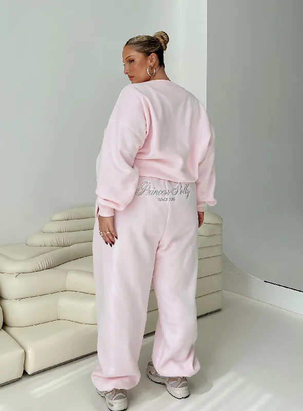 Women Wear Boutique Princess Polly Track Pants Script Baby Pink / Grey Curve