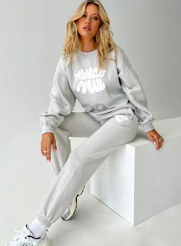 Absurdly Cheap Sale Princess Polly Track Pants Bubble Text Grey / Cloud White