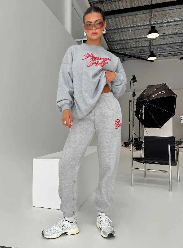 Unbeatable Deals Princess Polly Track Pants Cursive Text Grey Marle/ Red