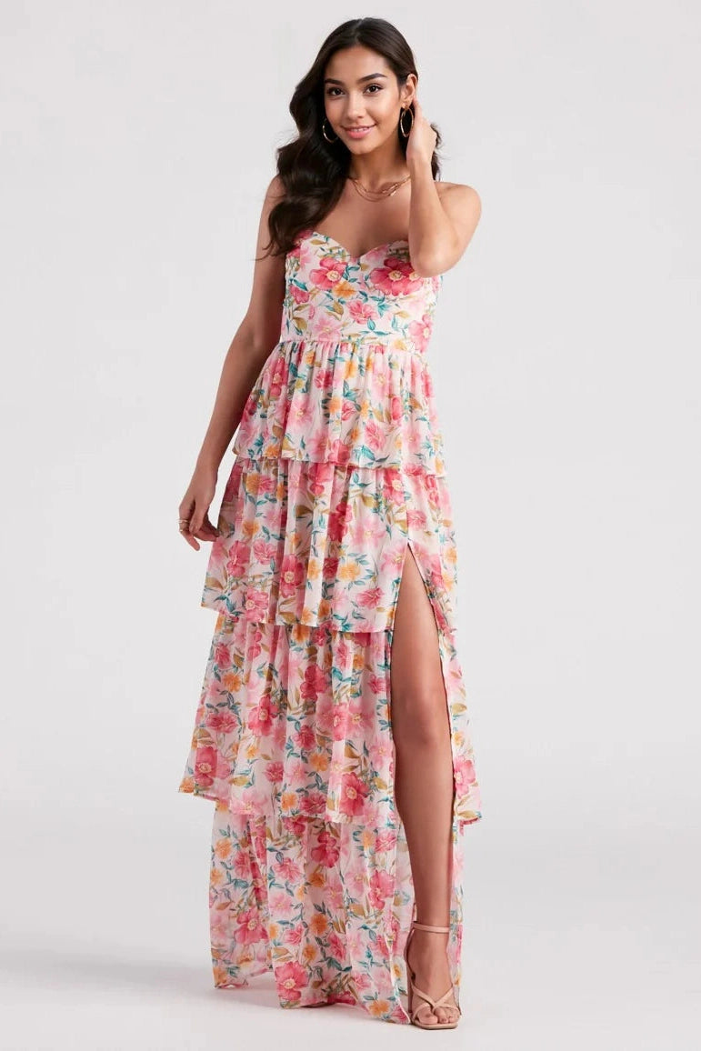 Season Offer Sheryl Formal Floral Chiffon Ruffle Dress