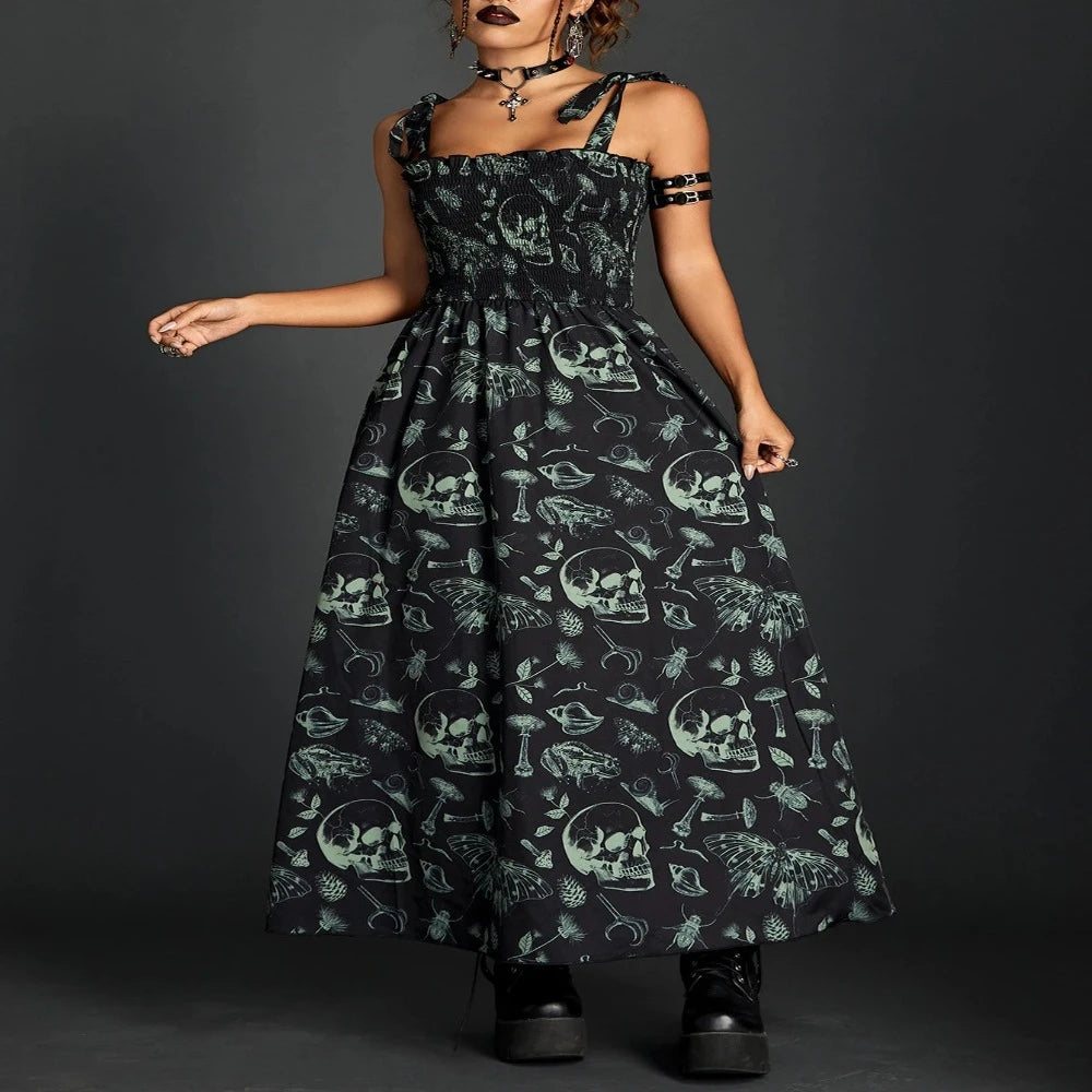 Stylish Basics Goth Skull Shirring Lace Up Long Dress