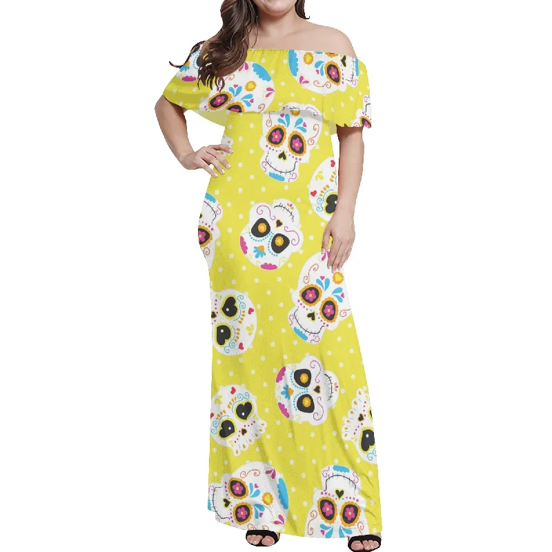 Best Boutiques Online Women's Sugar Skull Yellow Off-shoulder Long Dress