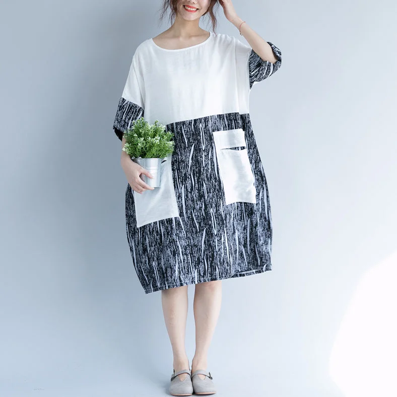 Fashion Essentials baggy white cotton shift dress oversize casual dress vintage patchwork o neck short sleeve cotton dress