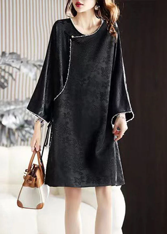 Relaxed Fit Women's Fashion Art Black O-Neck Nail Bead Silk Mid Dress Long Sleeve