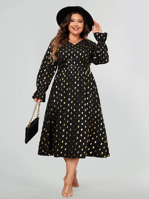 Women Clothing Gold Dot Print Lantern Sleeve Dress