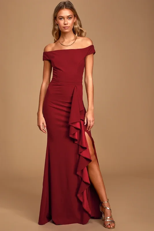 Chic Trend Collection Mila Burgundy Ruffled Off-the-Shoulder Maxi Dress