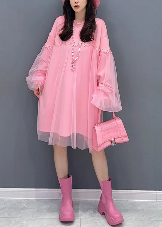 Timeless Elegance Casual Pink O Neck Tulle Patchwork Cotton Mid Dresses Fall