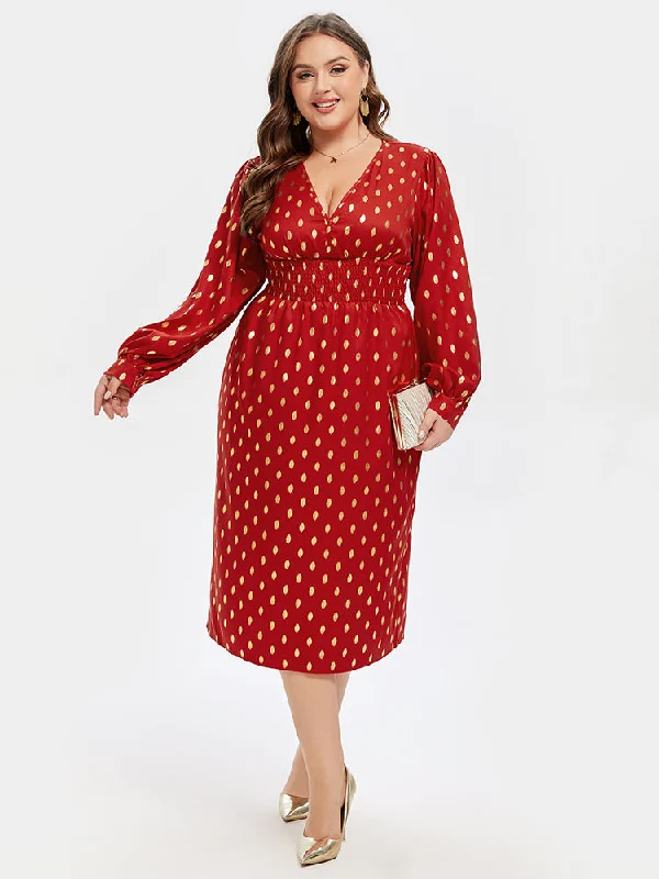 Elegant Style Polka Dot Print V-Neck Lantern Sleeve Midi Dress