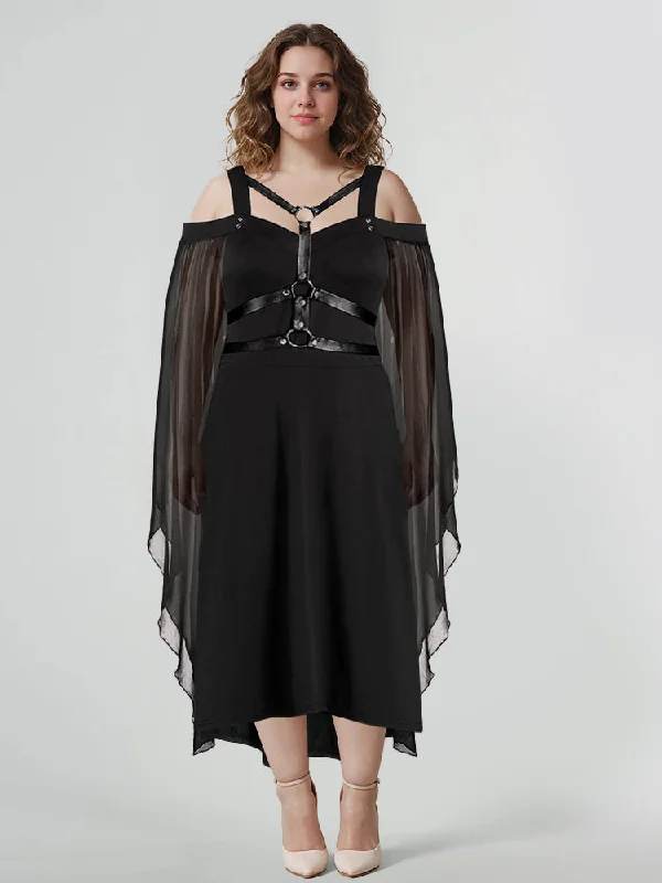 Women's Clothing Online Halloween Contrast Mesh Flare Sleeve Lace Up Dress