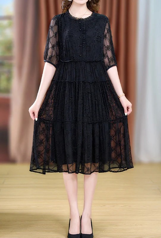 Seasonal Women's Fashion Trends Lace hollowed-out black knit  dress