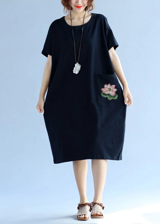 Unique Women's Fashion Pieces Elegant pockets Cotton clothes For Women black Dress Summer