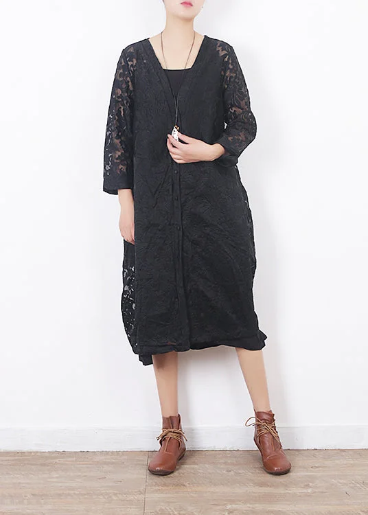 Online Impressions Boutique French black lace clothes For Women Omychic Work Outfits v neck loose summer hollow out cardigan