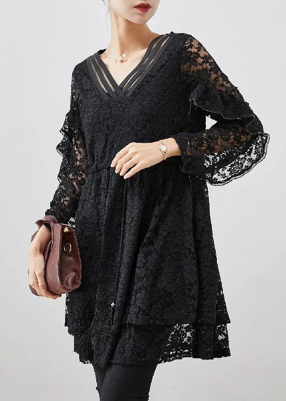 End Of Season Clearance Black Silm Fit Lace A Line Dress Tie Waist Fall