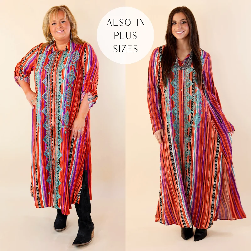 Chic Women's Clothing for Work and Travel I'm All That Long Serape Button Up Dress with Aztec Print Embroidery