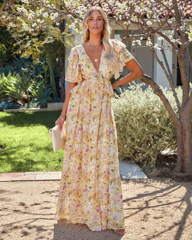 Relaxed Style KittenAlarm - Sanae Floral Ruffle Cutout Maxi Dress - Pale Yellow