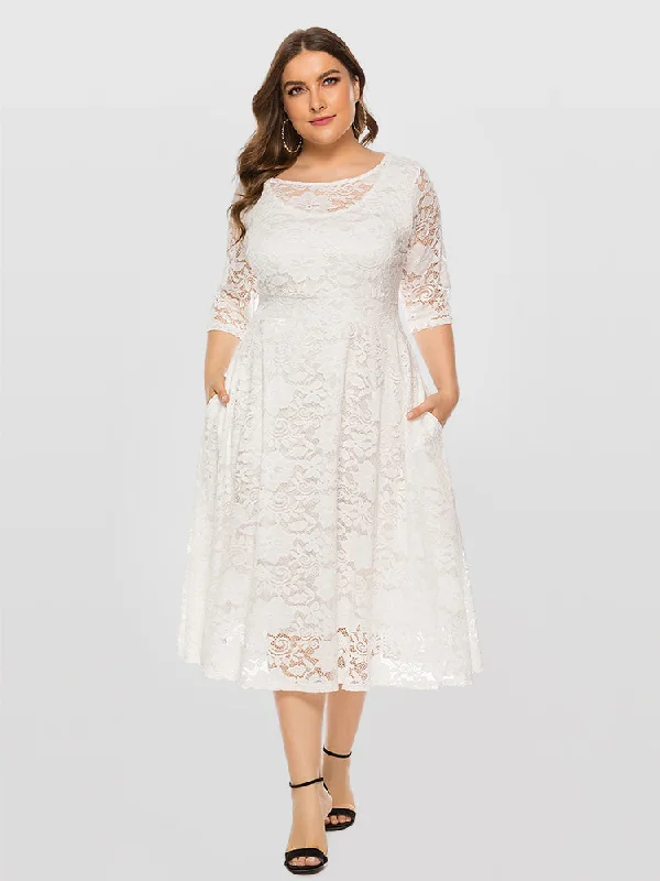 Women Clothing Solid Lace Patchwork Round Neck Pocket Bridesmaid Dress