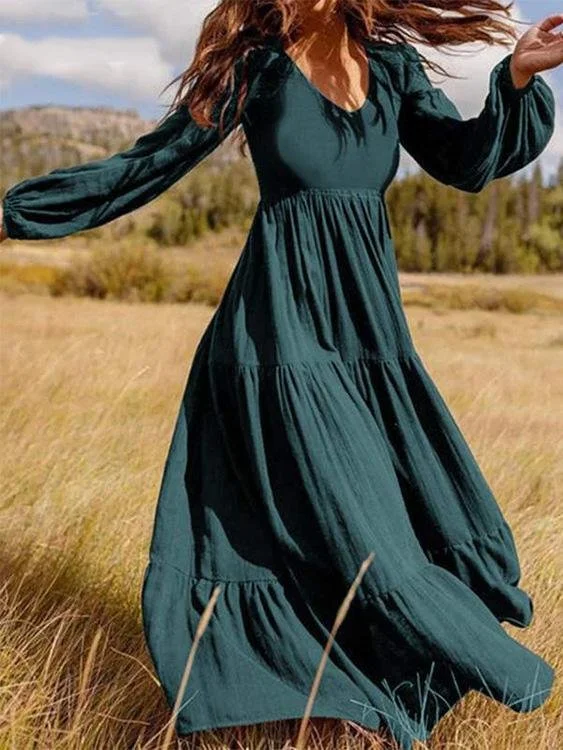 Exclusive Discounts Temperament V-Neck Long Sleeve Flowy Dress