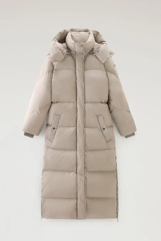 Holiday Glam Aurora Long Parka in Stretch Nylon Light Taupe