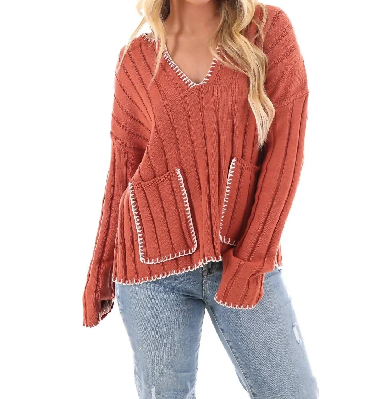 Big Sale Event Ribbed Bliss Knit Sweater In Rust/ivory