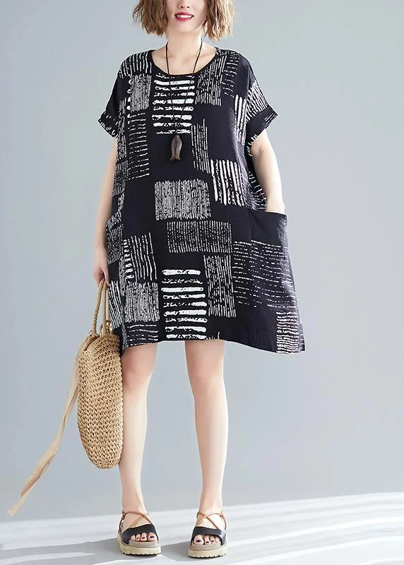 Trendy Pulse Organic black print Cotton quilting dresses Korea Outfits o neck pockets short Summer Dresses