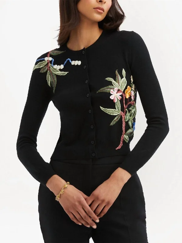 Stylish Women's Clothes for Work and Play Floral Embroidered Cardigan In Black Multi