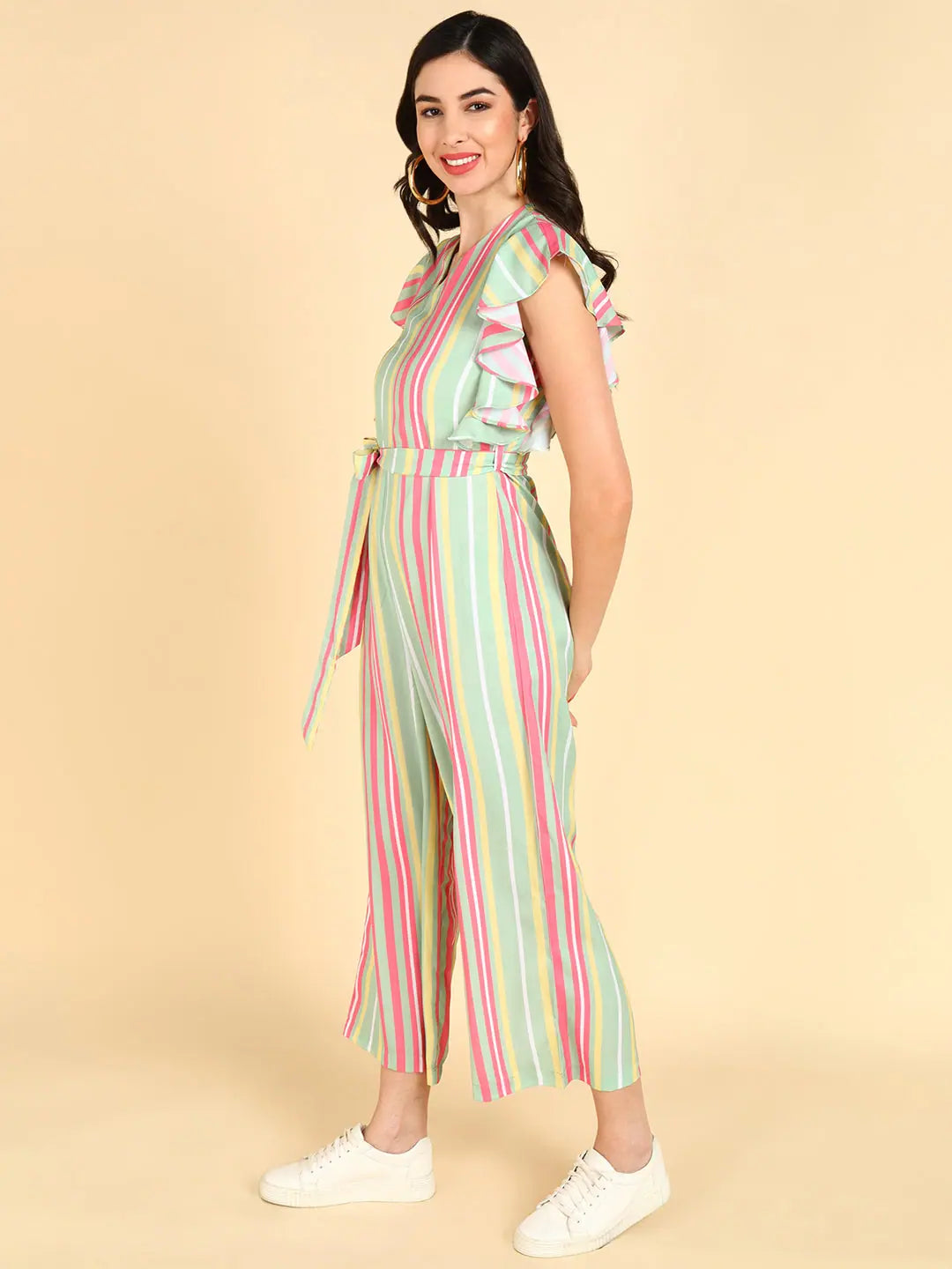 Online Boutiques Affordable Women Striped Standard Green Jumpsuits & Sets