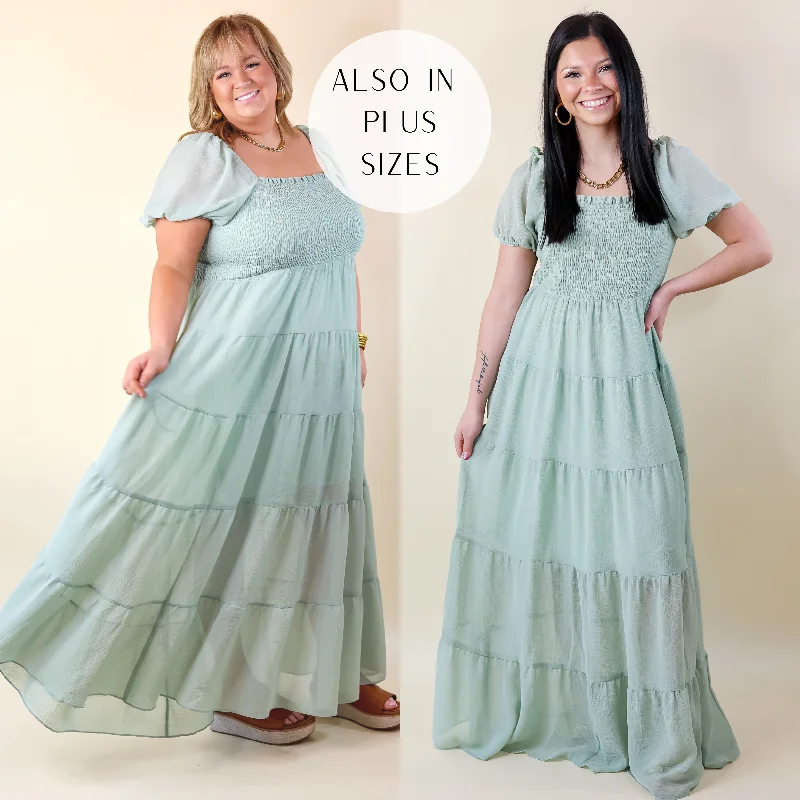 Sale Clothes Online Honeysuckle Love Tiered Maxi Dress with Smocked Bodice in Sage Green