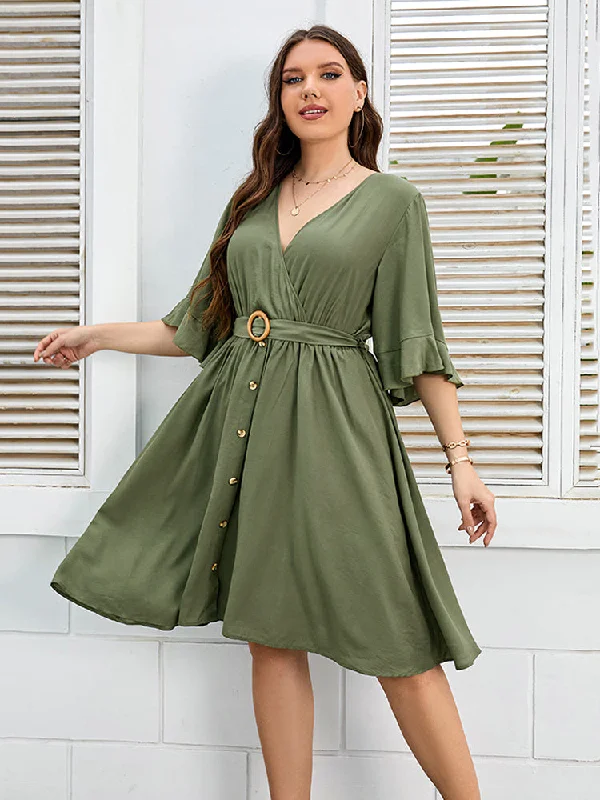 Sophisticated Style Plus Green Button Tie Back Wrap Ruffle Sleeve Midi Dress