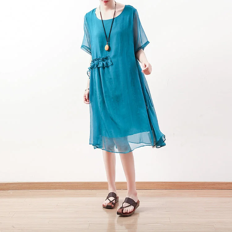 Fashionista Favorites fine blue green Midi chiffon dresses plus size clothing chiffon maxi dress 2018 o neck asymmetric ruffles cotton dress