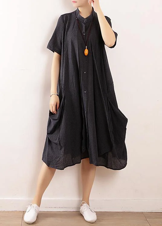 Elegant Styles French navy linen cotton Soft Surroundings Boho Wardrobes short sleeve Maxi summer Dress