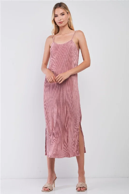 Fashionable Tops for Women Dusty Pink Pleated Sleeveless Round Neck Side Slit Detail Midi Dress