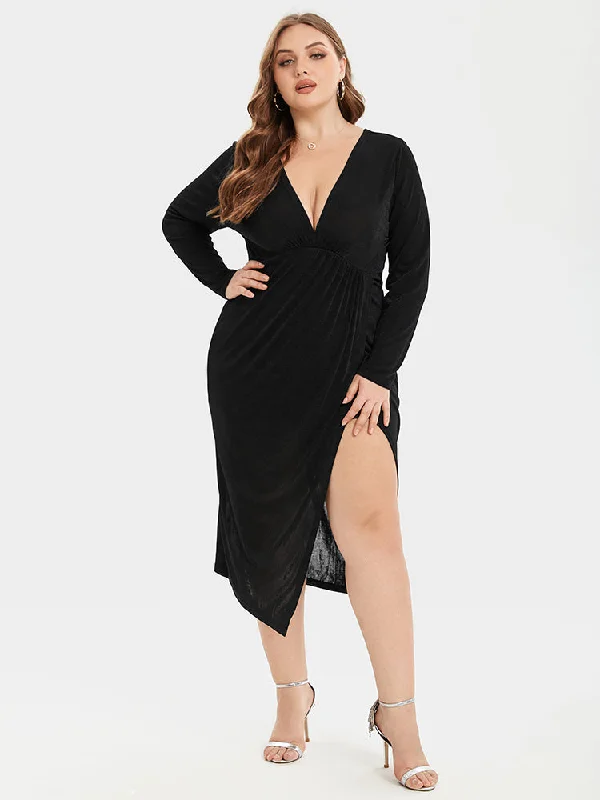 Modern Women's Wardrobe Essentials Solid Split Thigh V-Neck Ruched Midi Dress