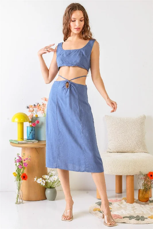 Flash Sales Blue Sleeveless Square Neck Self-Tie Strap Cut-Out Midi Dress /3-2-1