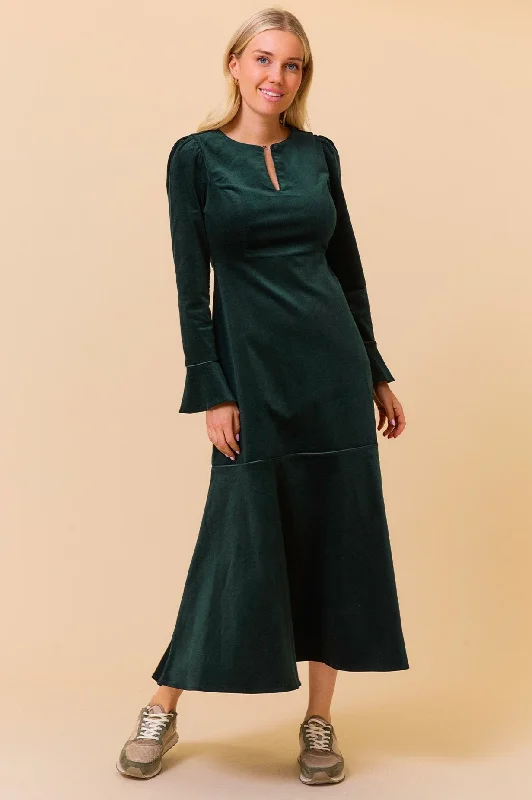 Flash Sale Now Paloma Round Neck Long Sleeve Stretch Corduroy Dress | Bottle Green