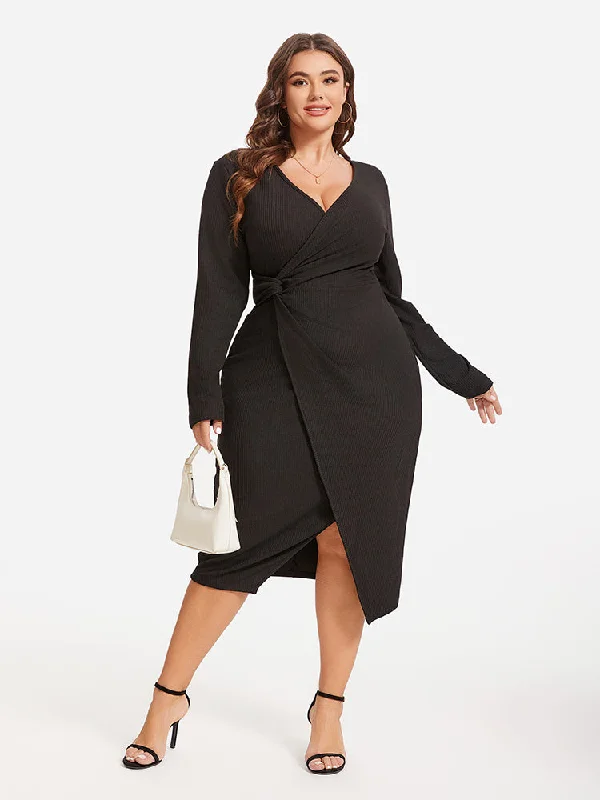 High End Women's Wear Solid Twist Front Wrap Hem Midi Dress