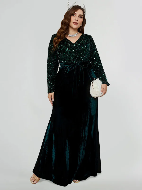 Big Sale Event Sequin V Neck Belted Velvet Dress