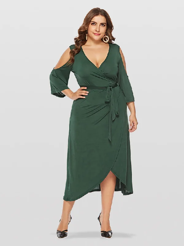 Casual Chic Plus Green V-Neck Cold Shoulder Wrap Ditsy Midi Dress