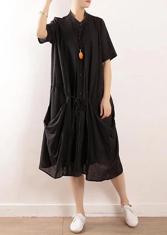 Latest Trends Simple black linen quilting dresses 2024 design stand collar long summer Dresses