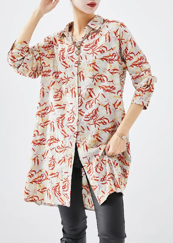 New Arrival Discounts Beautiful Apricot Print Cotton Shirt Dress Fall