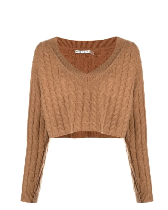 Day To Night Styles Ayden V-Neck Cable Knit Pullover Cropped Top Sweater in Camel