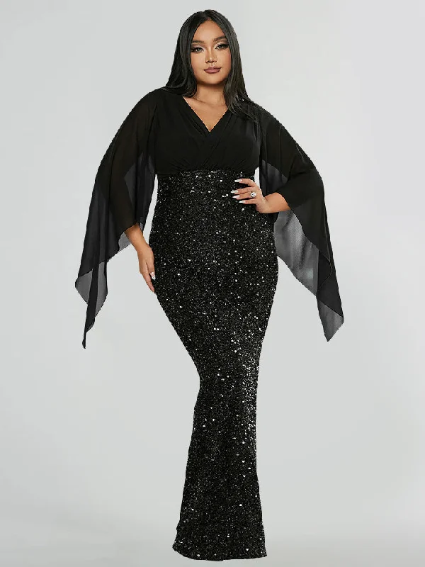 Fashion Frontiers Overlap Collar Cloak Sleeve Slit Back Contrast Sequin Dress