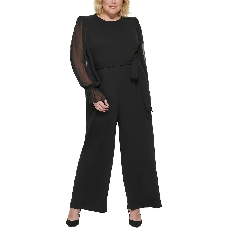 Must Haves Calvin Klein Womens Plus Belted Sheer Sleeves Jumpsuit