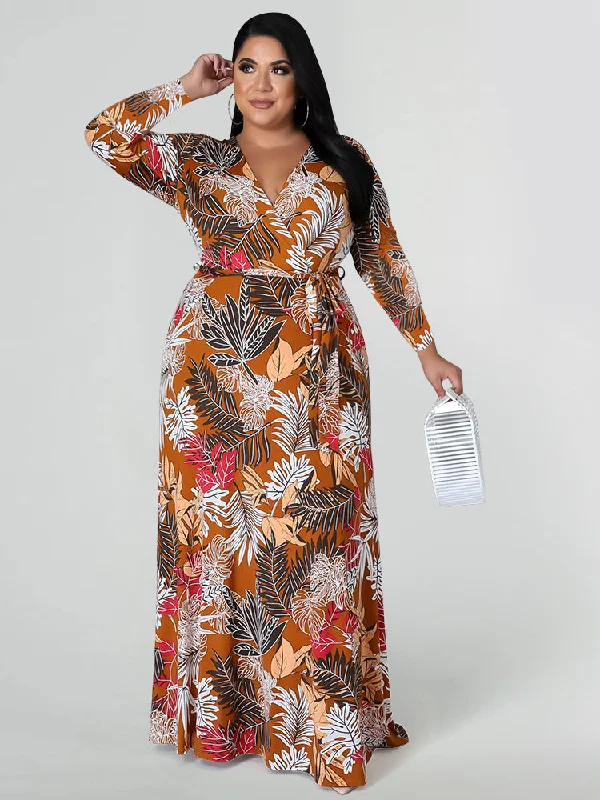 High End Fashion Boho Print Long Sleeve Wrap Dress