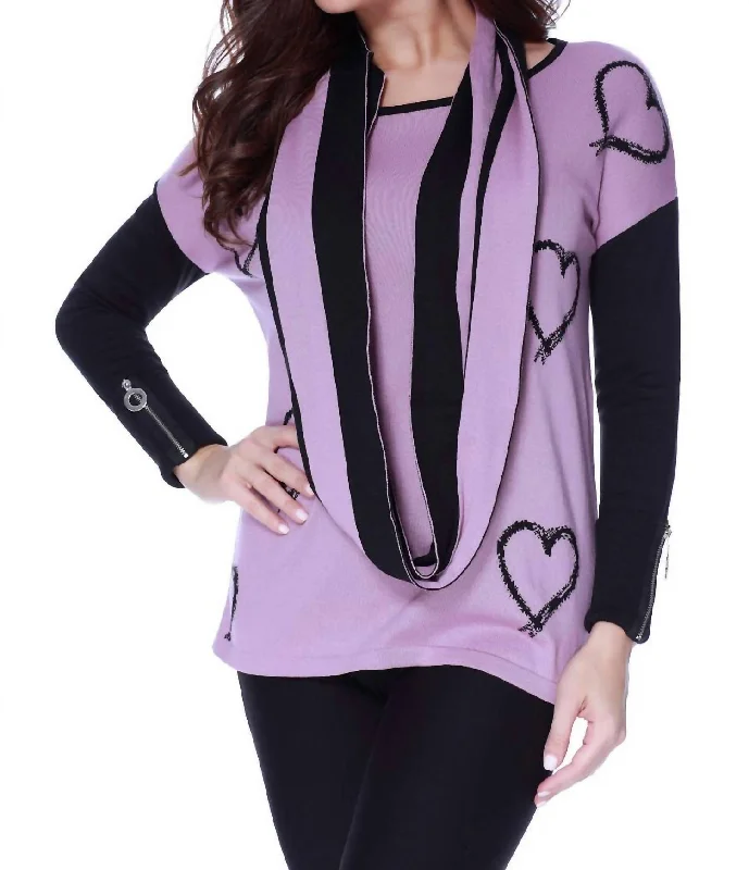 Fashionable Tops for Women Hearts Pullover W/ Infinity Scarf In Rose