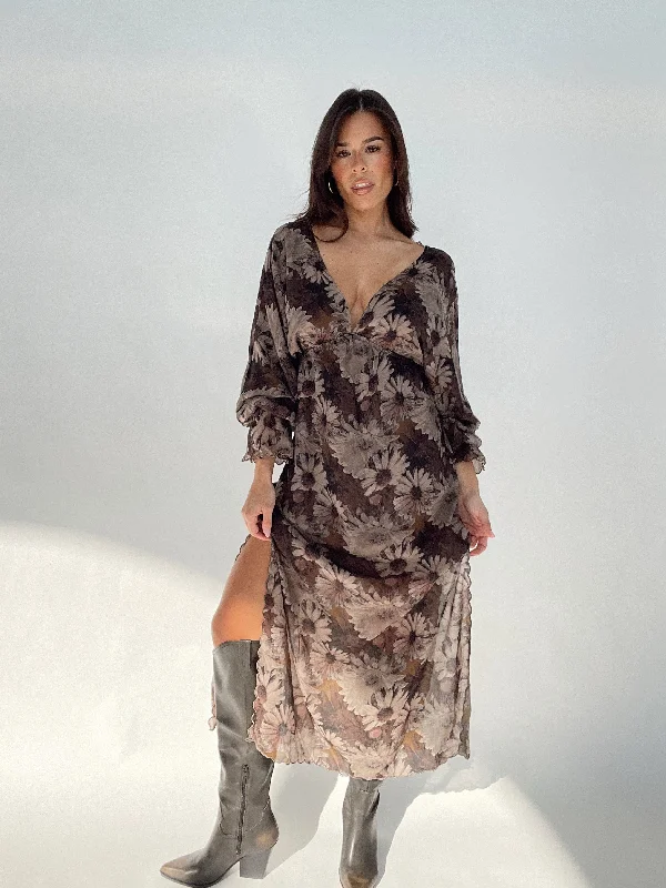 Women's Stylish Outerwear Brown Sunflower Maxi Dress