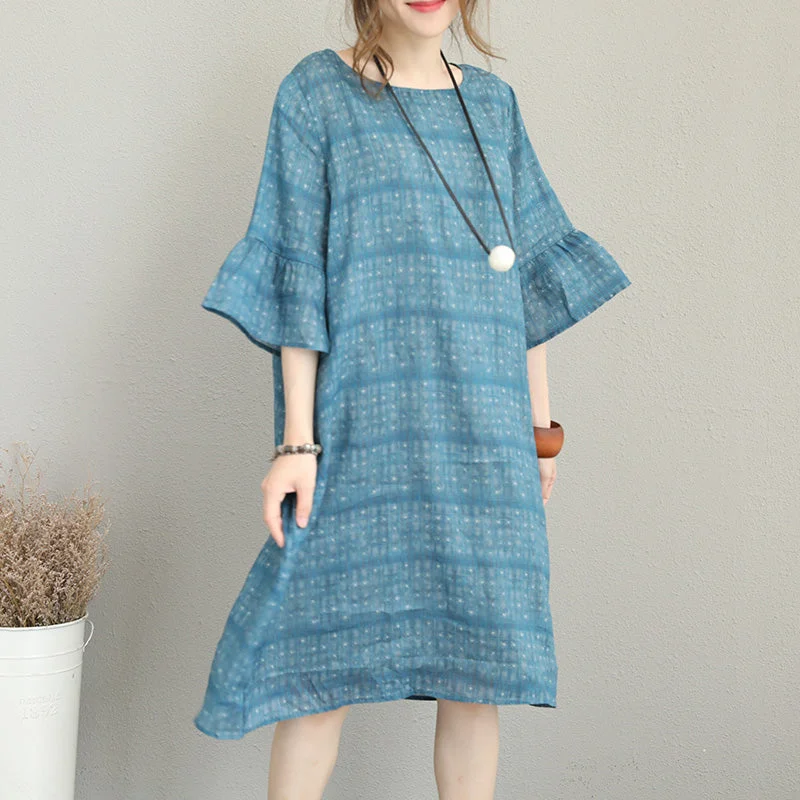 Clearance Event boutique blue pure linen dresses trendy plus size linen maxi dress Elegant o neck flare sleeve linen dresses