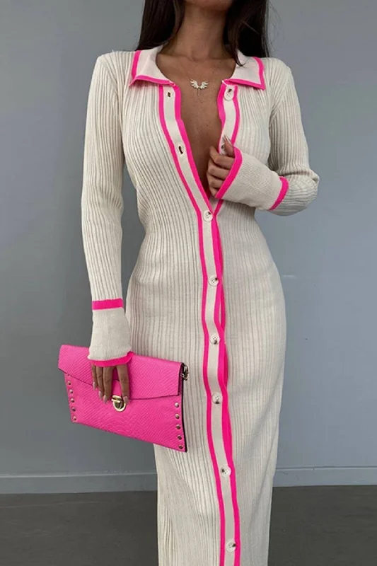 Laid-Back Elegance Lapel Contrast Single-breasted Ribbed Dress