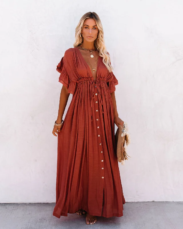 Comfortable Clothes KittenAlarm - Anika Pocketed Button Down Ruffle Maxi Dress - Terracotta