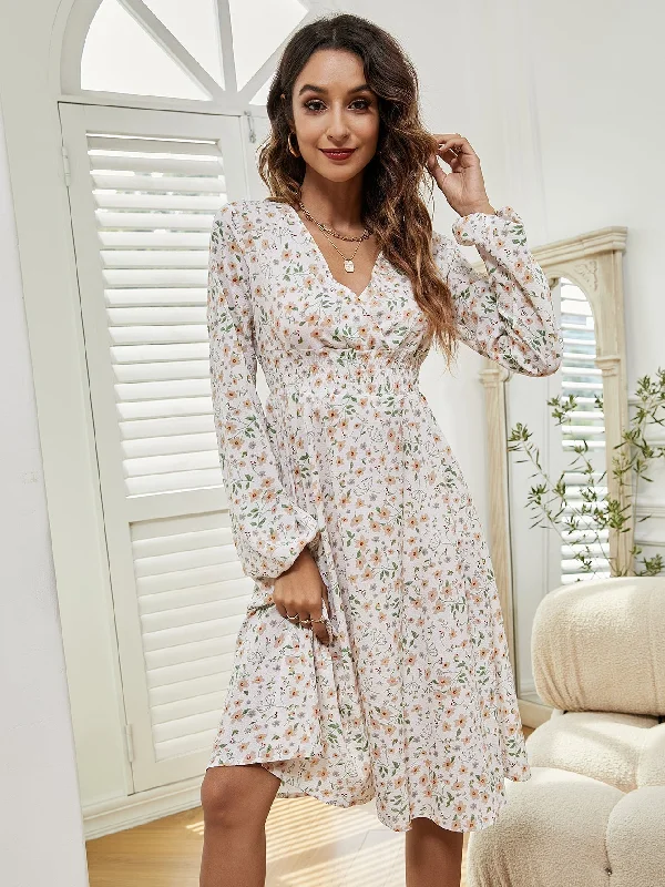 Online Clothing Stores KittenAlarm - Women V Neck Elastic Waist Floral Print Long Sleeve Maxi Dress